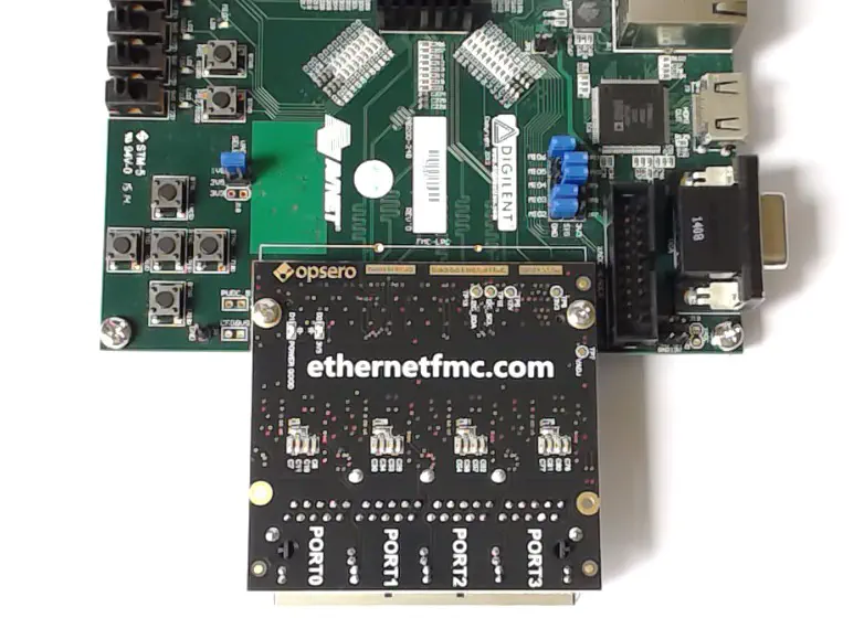 Example carrier board with FMC connector close to the board edge (ZedBoard). Note that the Ethernet FMC extends past the board edge of the carrier, so there is plenty of clearance for the RJ45 connector.