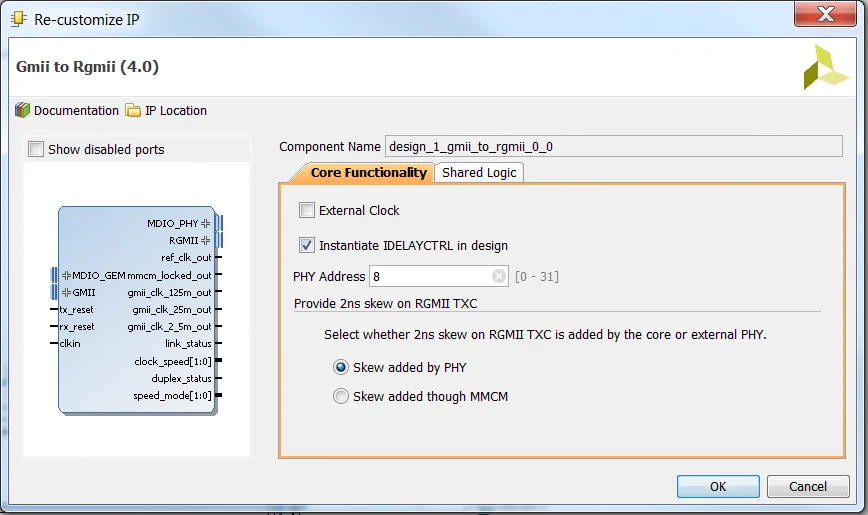 GMII-to-RGMII Recustomize IP dialog